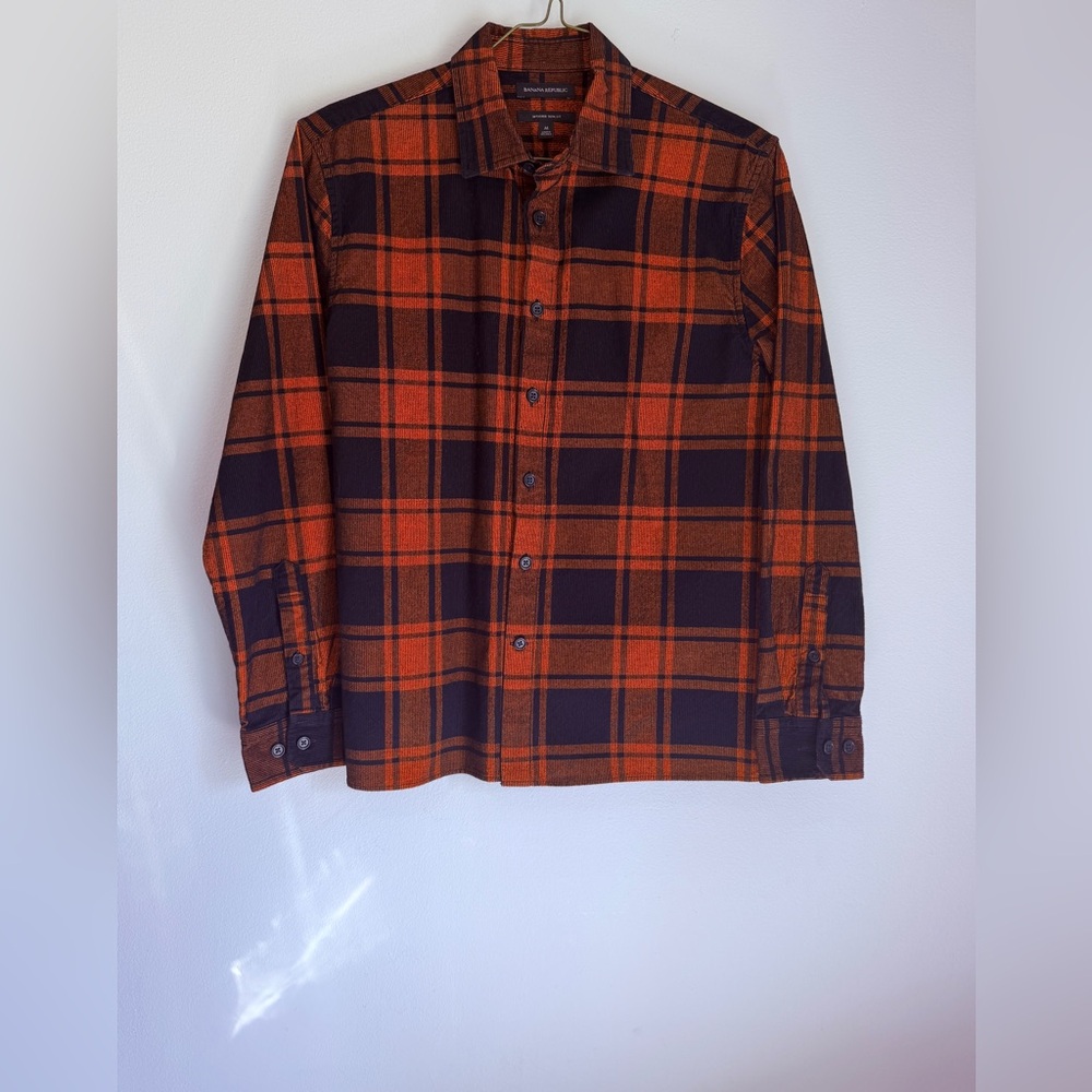 Banana Republic Men’s Orange Black Plaid Corduroy Shirt Medium Untucked Slim Fit